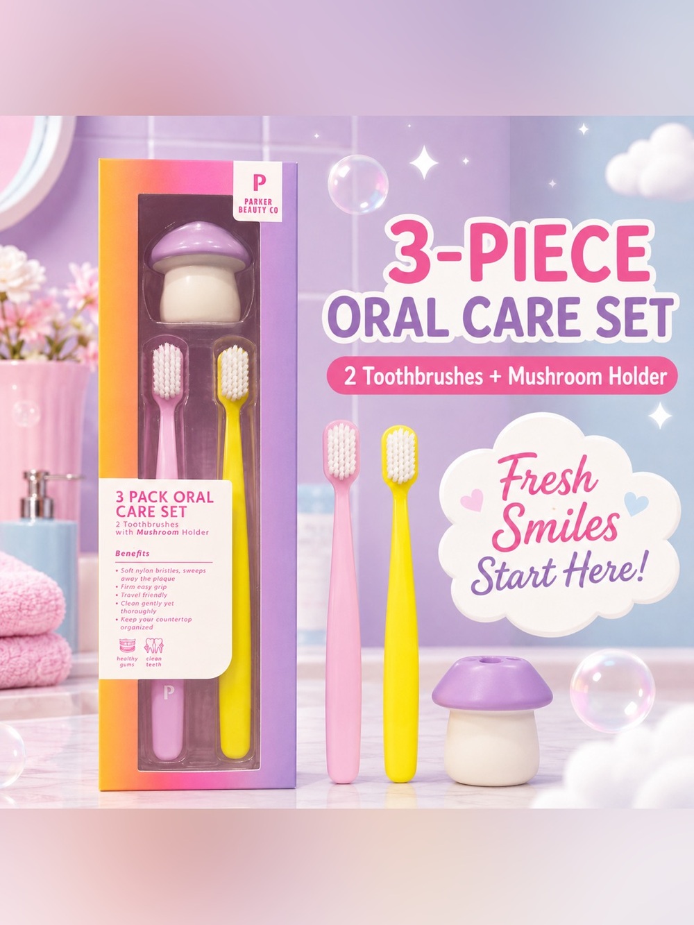 Parker Beauty Co 3-Pack Oral Care Set - Pink & Yellow